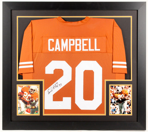 Earl Campbell Signed Texas Longhorns 31x35 Custom Framed Jersey Inscribed HT 77