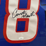 Framed Autographed/Signed Curtis Martin 35x43 New England Blue Jersey JSA COA