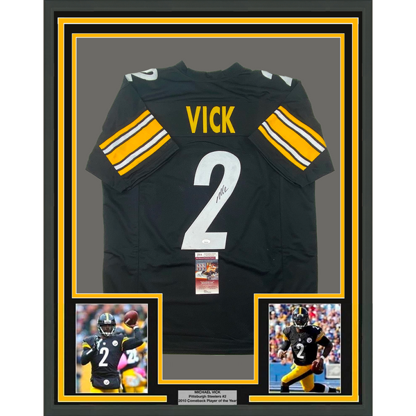 Framed Autographed/Signed Michael Mike Vick 33x42 Black Football Jersey JSA COA