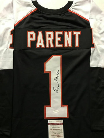 Autographed/Signed BERNIE PARENT HOF 84 Philadelphia Black Hockey Jersey JSA COA