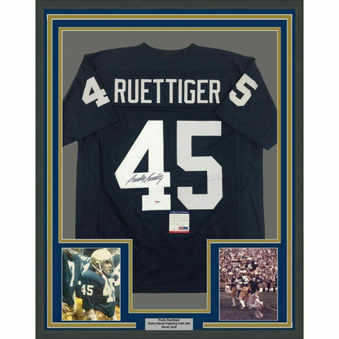 FRAMED Autographed/Signed RUDY RUETTIGER 33x42 Notre Dame Blue Jersey PSA COA