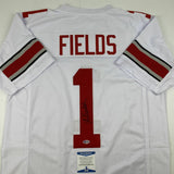 Autographed/Signed JUSTIN FIELDS Ohio State White College Jersey Beckett BAS COA