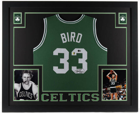 Larry Bird Signed Boston Celtics 35x43 Framed Green Jersey (Beckett Hologram)