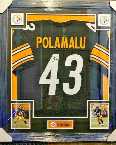 Troy Polomalu Signed Steelers 35x43 Framed Jersey (Beckett) Hall of Fame D.B.