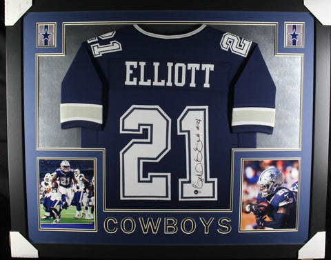 Ezekiel Elliott Autographed/Signed Framed Pro Style Blue XL Jersey Beckett 38043