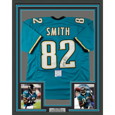 Framed Autographed/Signed Jimmy Smith 33x42 Teal Football Jersey PSA/DNA COA