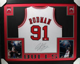 DENNIS RODMAN (Bulls white SKYLINE) Signed Autographed Framed Jersey JSA