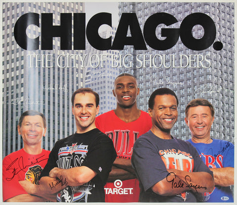 Chicago Greats (4) Sayers, Santo, Mikita & Huff Signed 26x30 Poster BAS #A88315