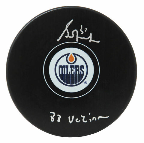 Grant Fuhr Signed Edmonton Oilers Logo NHL Hockey Puck w/88 Vezina -SCHWARTZ COA