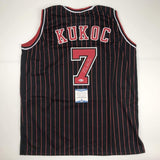 Autographed/Signed Toni Kukoc Chicago Black Pinstripe Basketball Jersey BAS COA