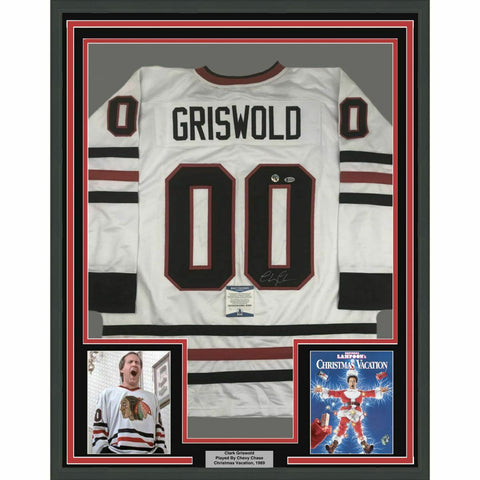 Framed Autographed/Signed Chevy Chase 33x42 Clark Griswold Christmas  Vacation Movie Chicago White Hockey Jersey Beckett BAS COA