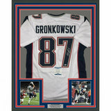 FRAMED Autographed/Signed ROB GRONKOWSKI 33x42 New England White Jersey BAS COA