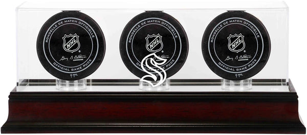 Seattle Kraken Mahogany Three Hockey Puck Logo Display Case