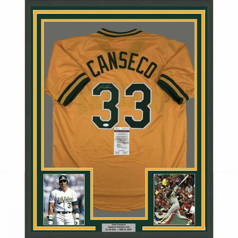 FRAMED Autographed/Signed JOSE CANSECO 33x42 Oakland Yellow Jersey JSA COA Auto