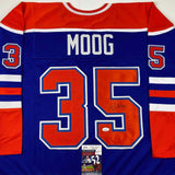 Autographed/Signed Andy Moog Edmonton Blue Hockey Jersey JSA COA