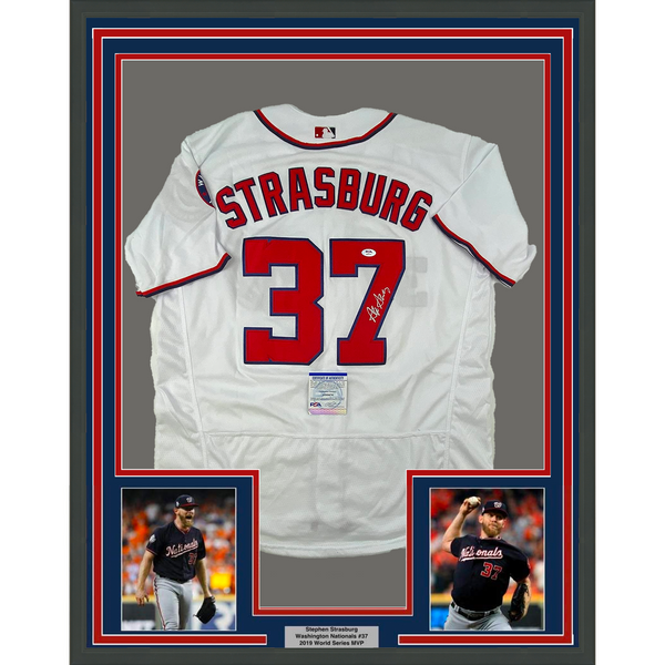 Framed Autographed/Signed Stephen Strasburg 33x42 White Jersey PSA/DNA COA