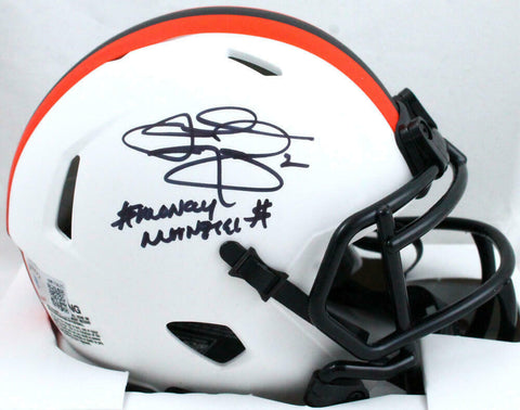 Johnny Manziel Autographed Browns Lunar Speed Mini Helmet w/Insc.-Beckett W Holo