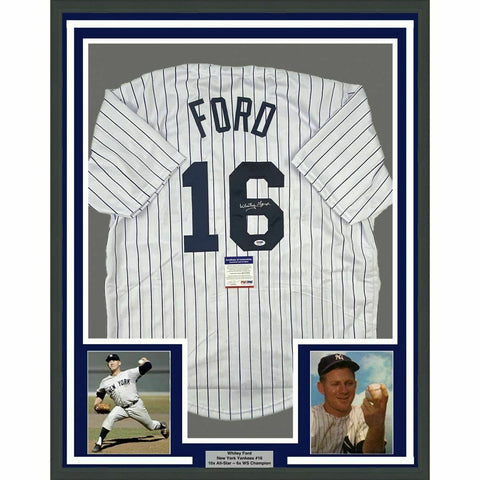 FRAMED Autographed/Signed WHITEY FORD 33x42 Pinstripe Jersey PSA COA #3