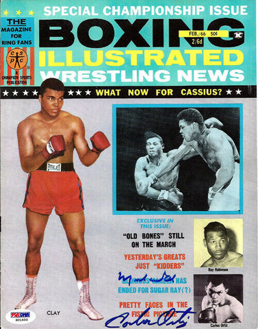 Muhammad Ali & Carlos Ortiz Autographed Boxing Illustrated Cover PSA/DNA S01603