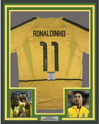 Framed Autographed/Signed Ronaldinho 33x42 Brazil Yellow Jersey Beckett BAS COA