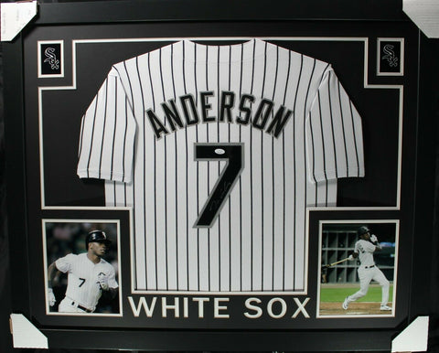 TIM ANDERSON (White Sox white pin SKYLINE) Signed Autographed Framed Jersey JSA