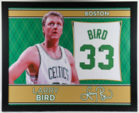 Larry Bird Signed 35 x 43 Framed White Boston Celtics Jersey (Beckett Hologram)