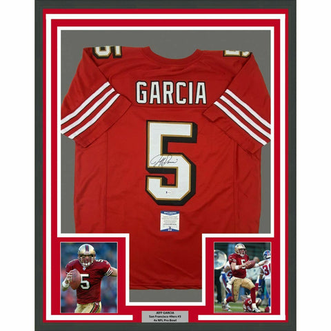 FRAMED Autographed/Signed JEFF GARCIA 33x42 Red Football Jersey BAS COA