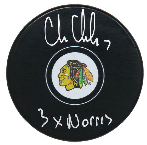 CHRIS CHELIOS Signed Chicago Blackhawks Logo Hockey Puck w/3x Norris - SCHWARTZ