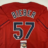 Autographed/Signed SHANE BIEBER Cleveland Red Baseball Jersey JSA COA Auto