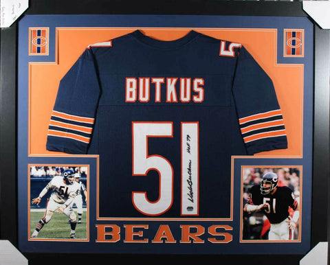 Dick Butkus Autographed/Signed Chicago Bears Framed Blue XL Jersey FAN 31068