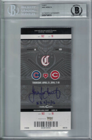 Jake Arrieta Autographed/Signed Chicago Cubs Ticket NH 4/21/16 BAS Slab 24441