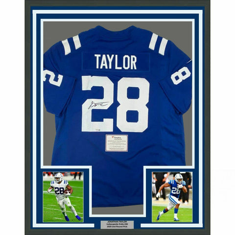 FRAMED Autographed/Signed JONATHAN TAYLOR 33x42 Colts Blue Jersey Fanatics COA