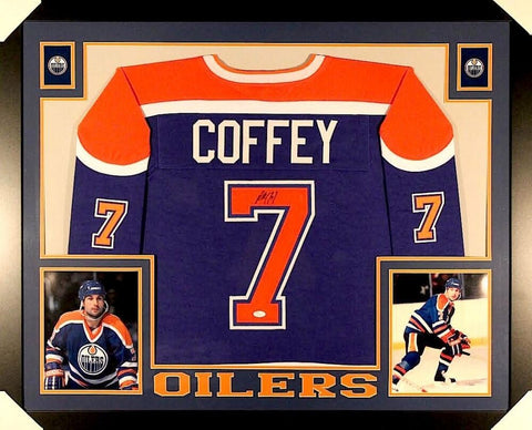 Paul Coffey Signed Oilers 35x43 Custom Framed Jersey (JSA) NHL Hall of Fame 2004
