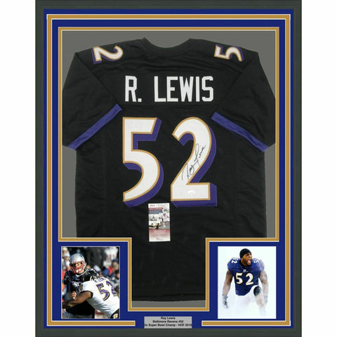 FRAMED Autographed/Signed RAY LEWIS 33x42 Baltimore Black Jersey JSA COA Auto