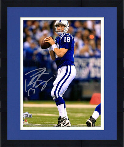 Framed Peyton Manning Indianapolis Colts Signed 8" x 10" Blue Throwing Photo