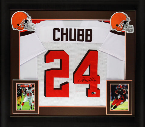 Nick Chubb Authentic Signed White Pro Style Framed Jersey BAS Witnessed