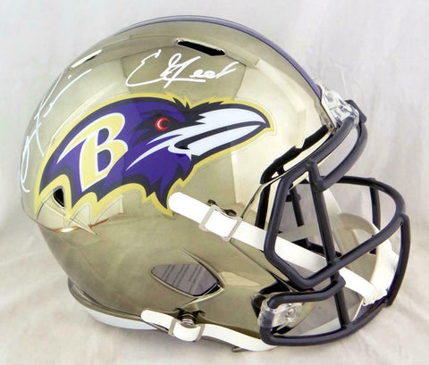Ed Reed Ray Lewis Signed Baltimore Ravens F/S Chrome Replica Helmet-Beckett Auth
