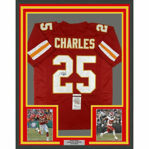 FRAMED Autographed/Signed JAMAAL CHARLES 33x42 Red Football Jersey JSA COA