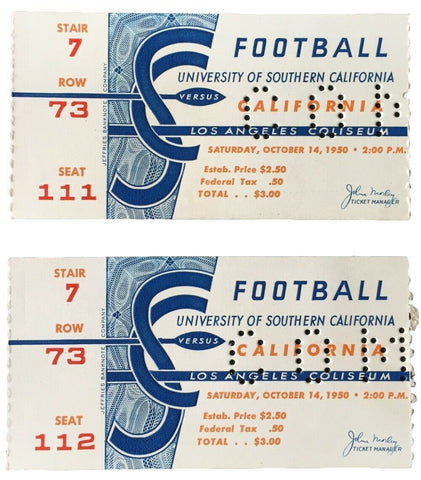 (2) USC Trojans vs California Golden Bears 10/14/1950 Football Game Tickets