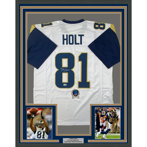 Framed Autographed/Signed Torry Holt 33x42 St. Louis White Jersey Beckett COA