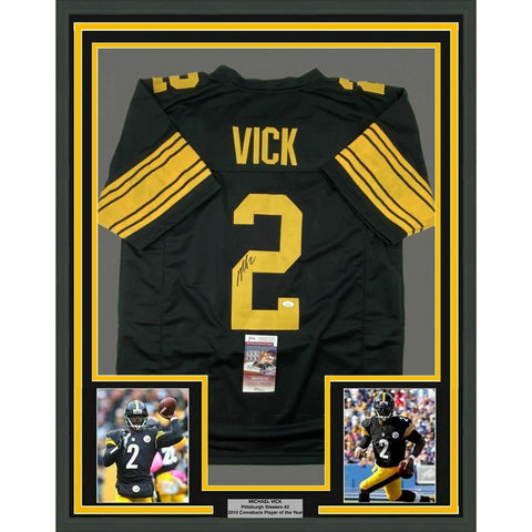 FRAMED Autographed/Signed MICHAEL MIKE VICK 33x42 Color Rush Jersey JSA COA