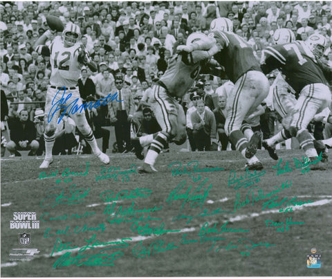 1969 Jets Signed 20" x 24" SB 3 Joe Namath Throwing B&W Metallic Photo - 24 Sigs