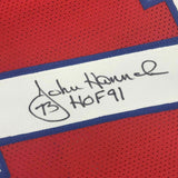 FRAMED Autographed/Signed JOHN HANNAH HOF 33x42 New England Red Jersey JSA COA