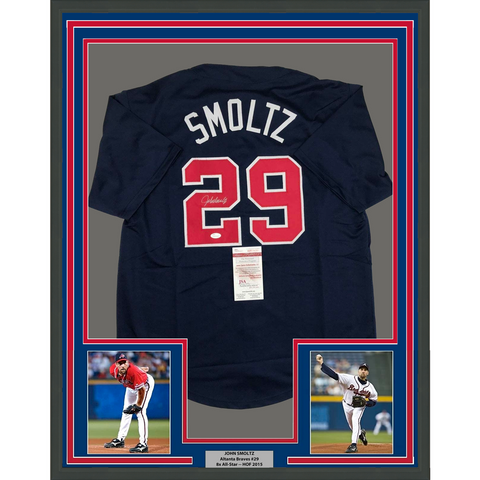 Framed Autographed/Signed John Smoltz 33x42 Atlanta Blue Baseball Jersey JSA COA