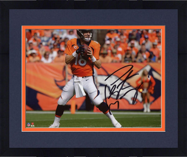 Framed Peyton Manning Denver Broncos Signed 8x10 Orange Dropback Photograph