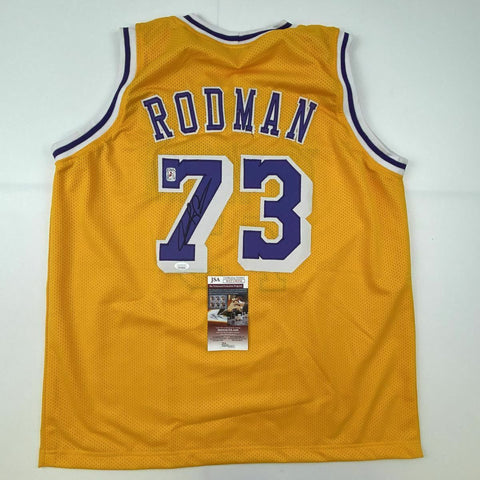 Autographed/Signed DENNIS RODMAN Los Angeles Yellow Basketball Jersey JSA COA #2