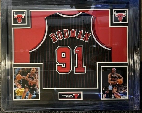 Dennis Rodman Chicago Bulls 35" x 43" Framed Black Pinstriped Jersey (Beckett)