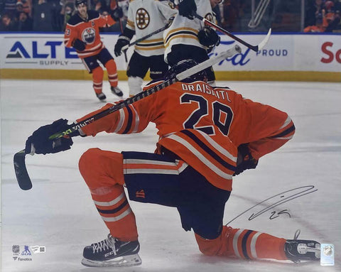LEON DRAISAITL Autographed "Celebration" Oilers 16" x 20" Photograph FANATICS