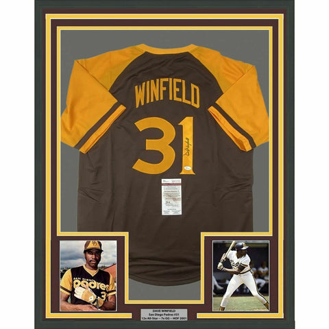 FRAMED Autographed/Signed DAVE WINFIELD 33x42 San Diego Brown Jersey JSA COA
