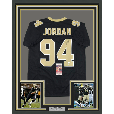 Framed Autographed/Signed Cameron Jordan 33x42 New Orleans Black Jersey JSA COA